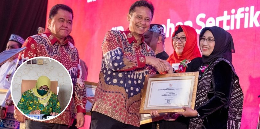 Foto : Kepala Dinas Kesehatan (Dinkes) Kabupaten Pati, dr Aviani Tritanti Venusia saat menerima piagam penghargaan dari Kementerian Kesehatan (Kemenkes) Republik Indonesia (Sumber : Dokumen Humas Dinkes Pati)